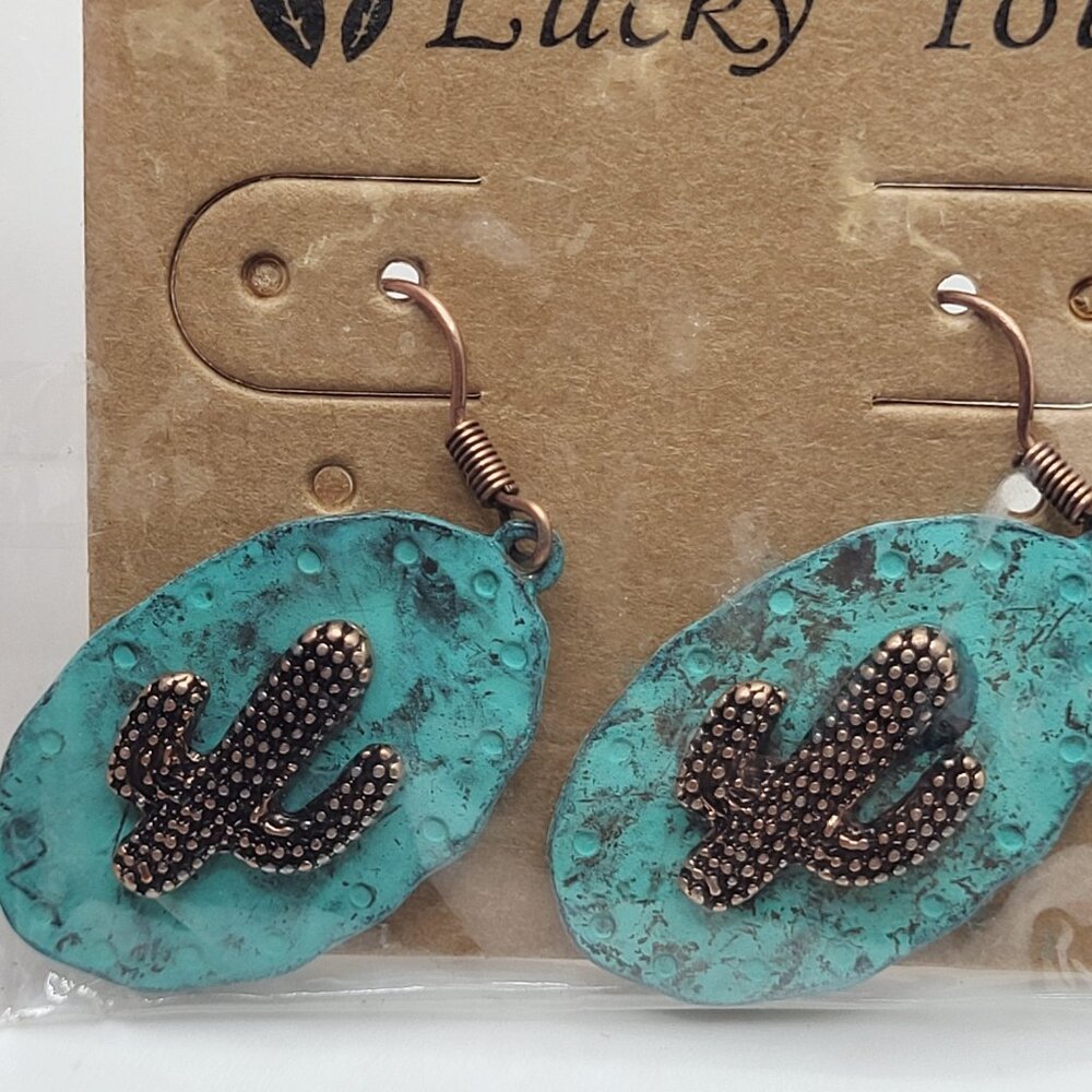 Lucky You Cactus on Blue Patina Brushed Oval Earring